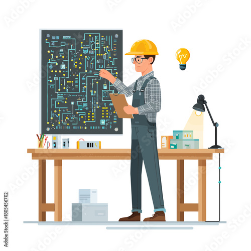 Electrical engineer inspecting a circuit board at a work station