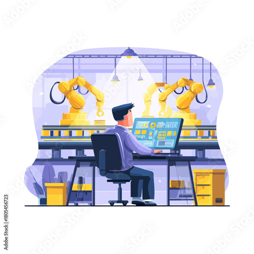 Engineer overseeing automated factory with robot arms and screen