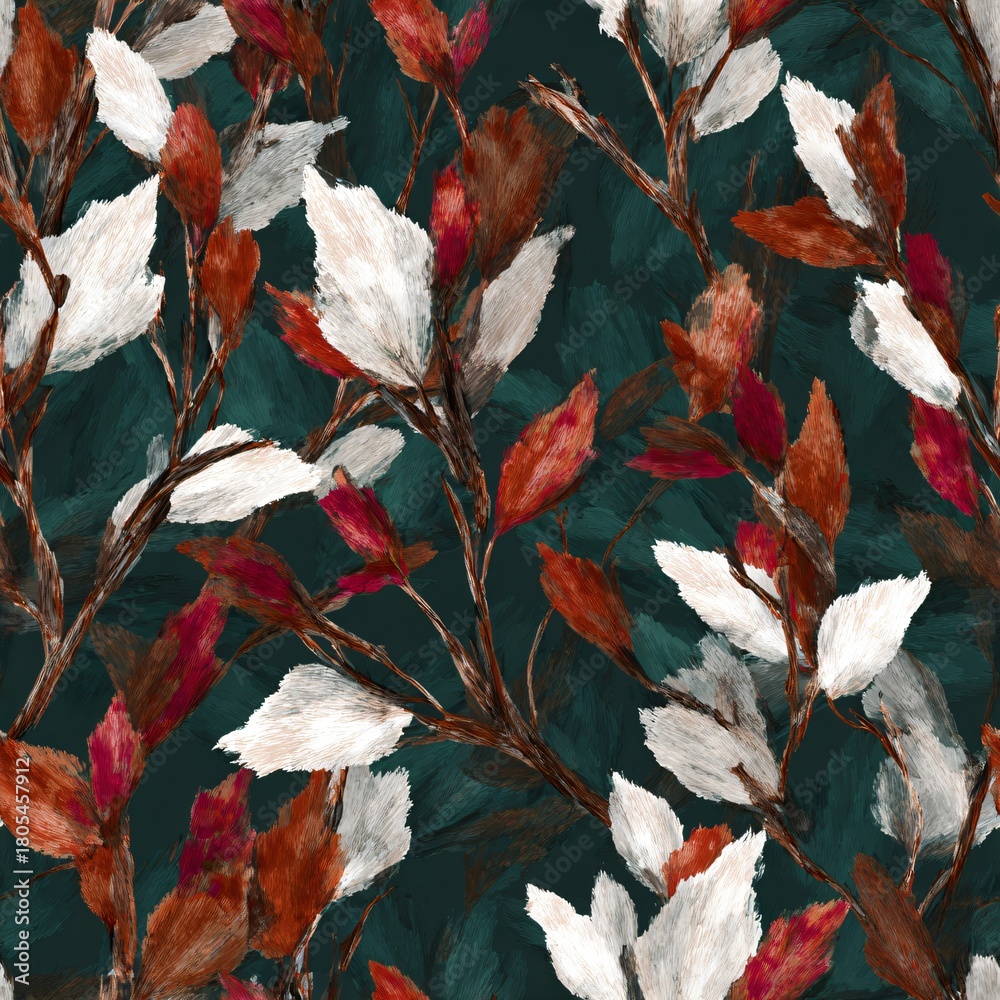 Naklejka premium Botanical seamless pattern with branches and leaves on dark green background, abstract foliage design for textile, wallpaper, and fabric printing