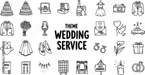 Wedding Service Doodle Icons: Hand-Drawn Bridal Elements for Invitation Design