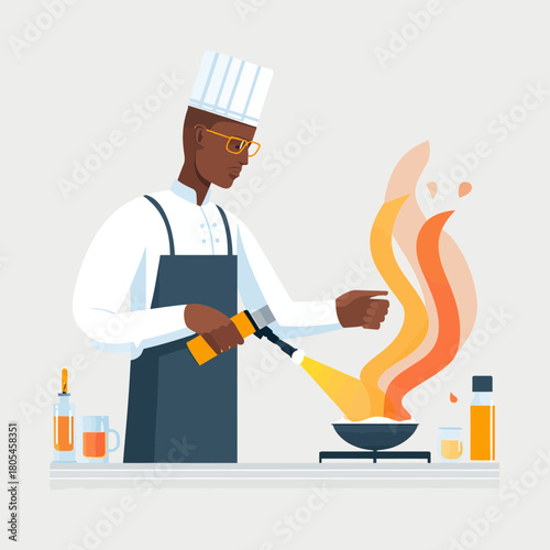 Chef Using Blowtorch to Cook Food in a Pan with Flames