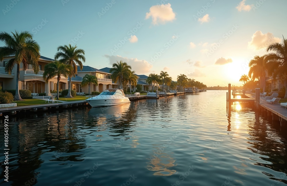 Fototapeta premium Scenic view of coastal houses, condos on bay with palm trees. Luxury yacht on canal in Hernando Beach Florida. Water reflects building and sunset. Idyllic landscape view of the resort.