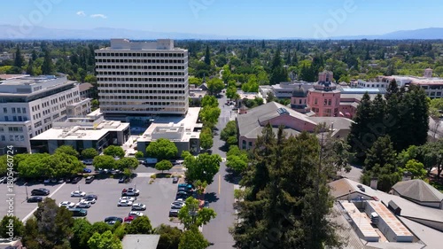 Mountain View historic city center aerial view on Mercy Street including City Hall and Center for the Performing Arts, Mountain View, California CA, USA. 
