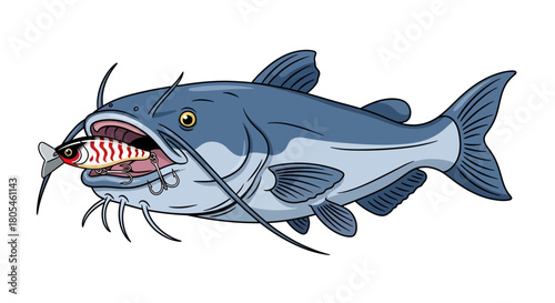 Vibrant cartoon illustration of a large grey catfish with a colorful fishing lure caught in its mouth, depicting an exciting moment in freshwater angling