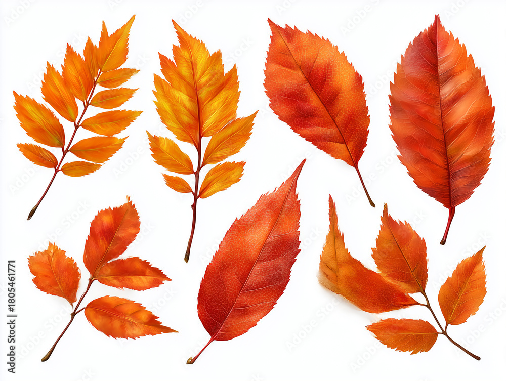 Fototapeta premium Autumn leaves falling on white background with vibrant colors