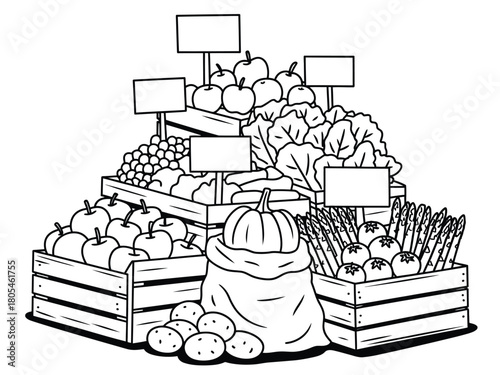 Black and white illustration of a produce market stand
