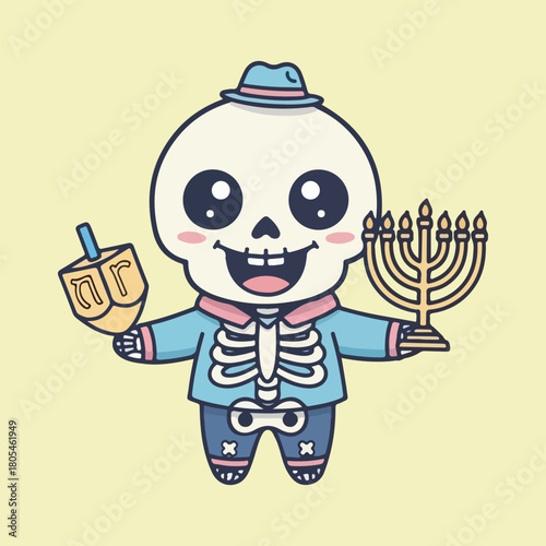 Cute smile skelton vector character holding a dreidel and menorah vector illustration art 