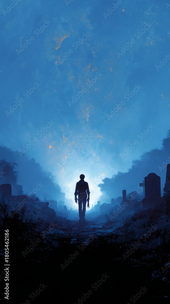 Fototapeta premium Chilling revelations in the graveyard: a zombie's night. Film poster. Undead resurrection: zombie rising among misty graves. Hero poster. Drama poster.