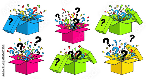 Colorful gift boxes surprise with question marks, confetti explosions for celebration, reveal fun