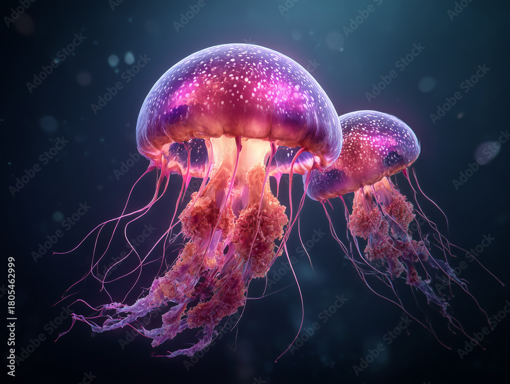 Fototapeta premium Glowing purple jellyfish floating gracefully in dark water