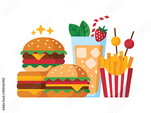 Illustration of burgers fries and a drink on a white background