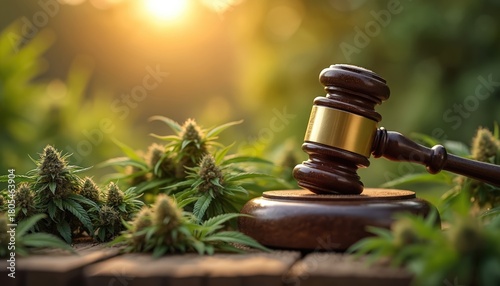 A gavel rests next to cannabis plants on wooden surface. Sunlight shines on a green blurred background. This photo represents legal cannabis concept. A symbol of justice and regulations.