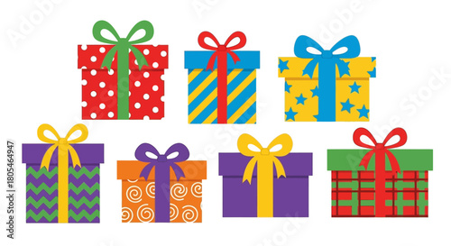 Colorful collection of holiday gift boxes decorated with bows and ribbons