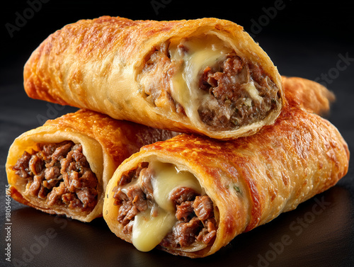 Cheesesteak egg rolls with melted cheese filling