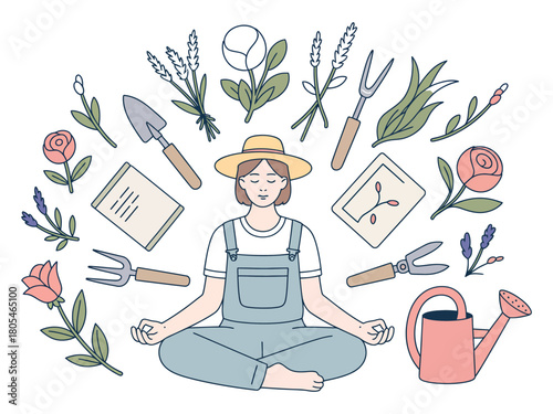 Woman meditating surrounded by gardening tools and plants