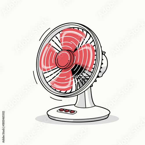 Vector icon of a small desk fan, dynamic, fan blades illustrated with motion blur effect in contrasting colors (e.g., red and white).