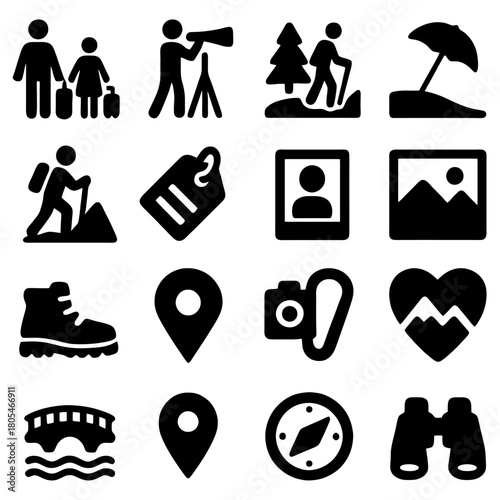 Travel Icon Set: A comprehensive collection of iconic symbols representing travel, adventure, and exploration, featuring illustrations of travel, exploring and destinations.