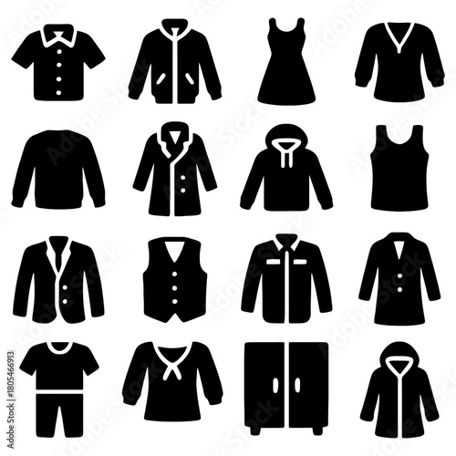 Varied Clothing Styles Silhouette Icon: A meticulously crafted collection of clothing style icons, each silhouette represents a unique garment from casual tees to formal coats.