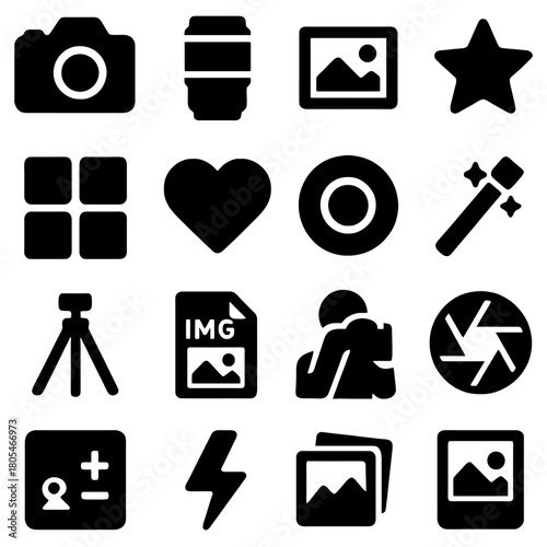 Photography Icons and Symbols: A collection of various photography-related icons and symbols, offering a visual representation of the tools and elements involved in capturing and creating images.