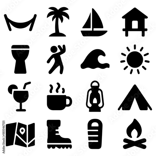 Island Life Icon Set: A collection of black and white icons representing the carefree essence of island living. Perfect for travel, leisure, and lifestyle themes. 