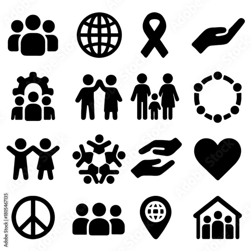 Symbolic Illustrations of Unity and Compassion: A collection of evocative icons, each representing a facet of global unity, togetherness, compassion, and shared humanity, rendered in a striking.