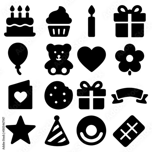Birthday Silhouette Icons: A collection of meticulously crafted, minimalistic black silhouette icons representing essential birthday elements, each design exudes a festive cheer and elegance.