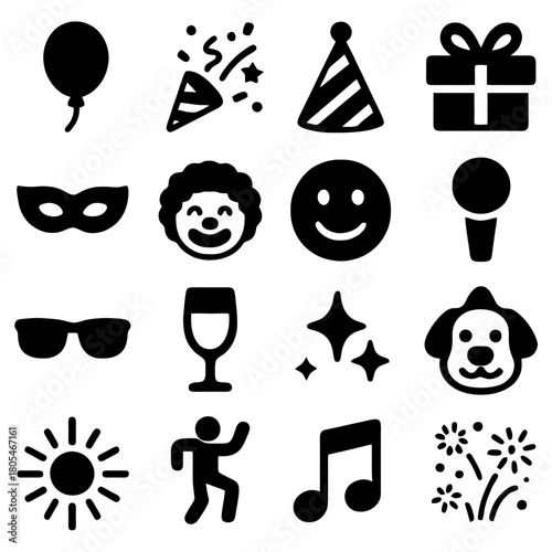 Party Elements Icon Set: A collection of various icons related to celebration, joy, and amusement. Perfect for conveying festive themes.