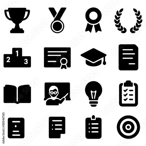 Achievement Emblems: A comprehensive set of iconic emblems symbolizing various aspects of academic and professional achievement, with elegant illustrations.