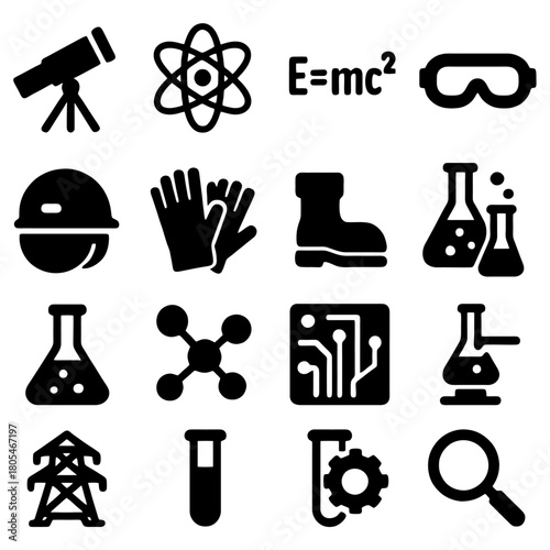 Science and Technology Icon Set: A comprehensive collection of science and technology icons, each meticulously designed to represent various scientific concepts and technological applications.
