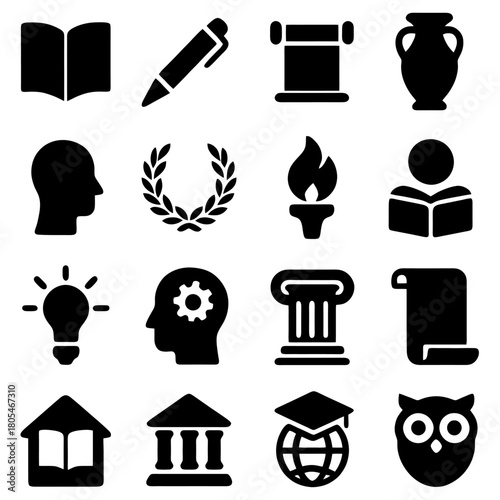Academic & Intellectual Icons: A set of simple icons related to academia and intellectual themes, embodying education and learning concepts. 