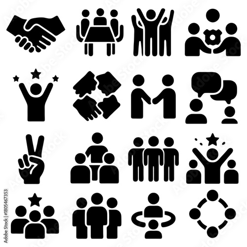 Teamwork and Unity Icons: A collection of icons representing team cohesion, partnerships, success and shared goals, Ideal for business, project, or organizational use.
