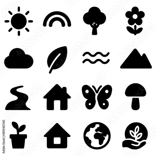 Nature's Icon Set: A collection of nature icons: sun, rainbow, tree, flower, cloud, leaf, water, mountain, road, house, butterfly, mushroom, plant, earth, hand