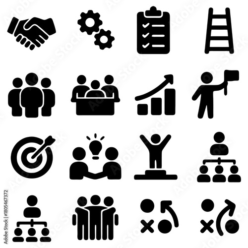 Business Icons: A collection of icons symbolizes various aspects of business, encompassing teamwork, planning, and achieving goals. Illustrating concepts such as cooperation.
