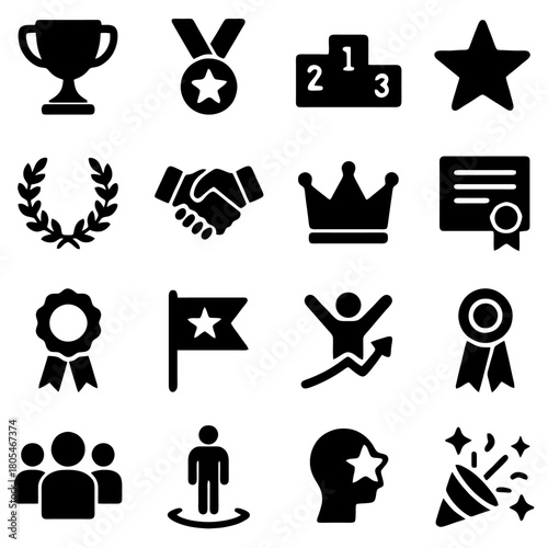 Victory Symbols: A collection of icons representing success, achievement, and awards. Designed in a modern, simple style suitable for various applications.