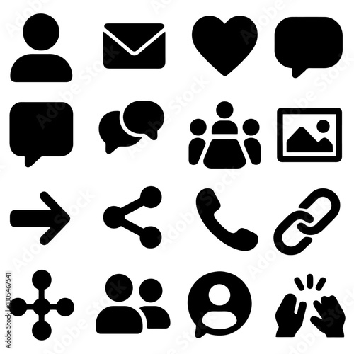 Iconic Communication and Interaction: A set of black and white vector icons that symbolize digital communication, connection, and user engagement, perfect for websites and applications.
