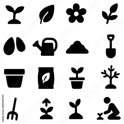 Garden Icon Set: A collection of various icons related to gardening, encompassing the journey from seed to harvest. Ideal for illustrating the various elements in the growing process.