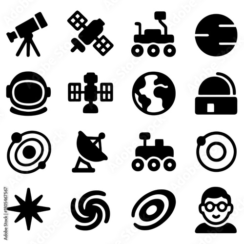 Space Exploration Icon Set: A comprehensive collection of iconic symbols representing the wonders of space exploration, including telescopes, satellites, rovers, planets, astronaut helmets.