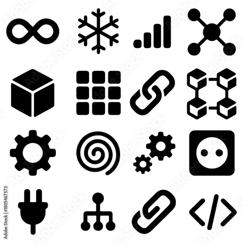 Digital Icon Set: An assortment of modern, minimalist icons, including a gear, infinite symbol, snowflake, and various network symbols.