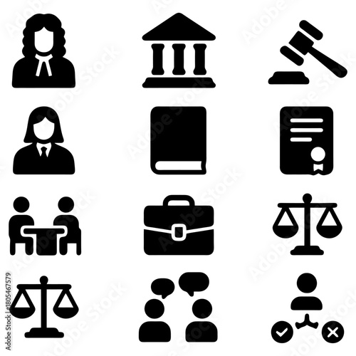 Legal Icons: A collection of meticulously crafted, minimalistic icons representing essential elements of the legal profession, designed with sharp lines and elegant simplicity.