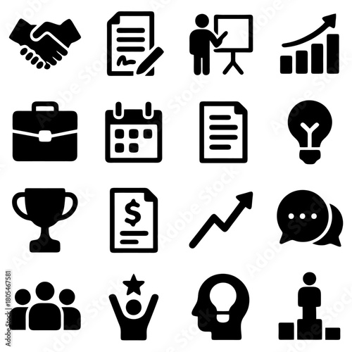 Business Icon Set: A comprehensive collection of business-related icons, each representing a facet of corporate operations, communication and strategies.