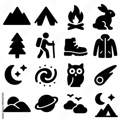 Iconic Adventure: A collection of simple, black and white icons representing various outdoor adventure elements, perfect for illustrating camping and nature themes.