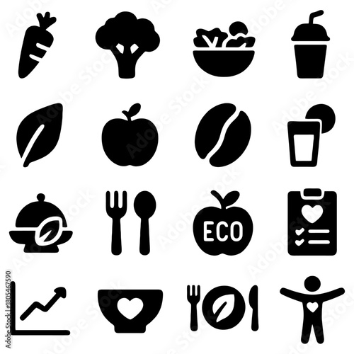 Healthy Diet Icons: A collection of meticulously crafted icons showcasing a variety of wholesome foods, drinks, and dietary elements that represent the principles of a healthy eating. 