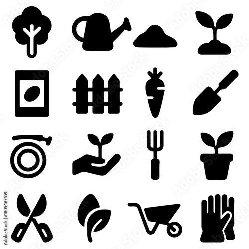 Gardening Icons Collection: A curated set of illustrative icons symbolizing the essence of gardening, including tools, plants, and the process of cultivation.