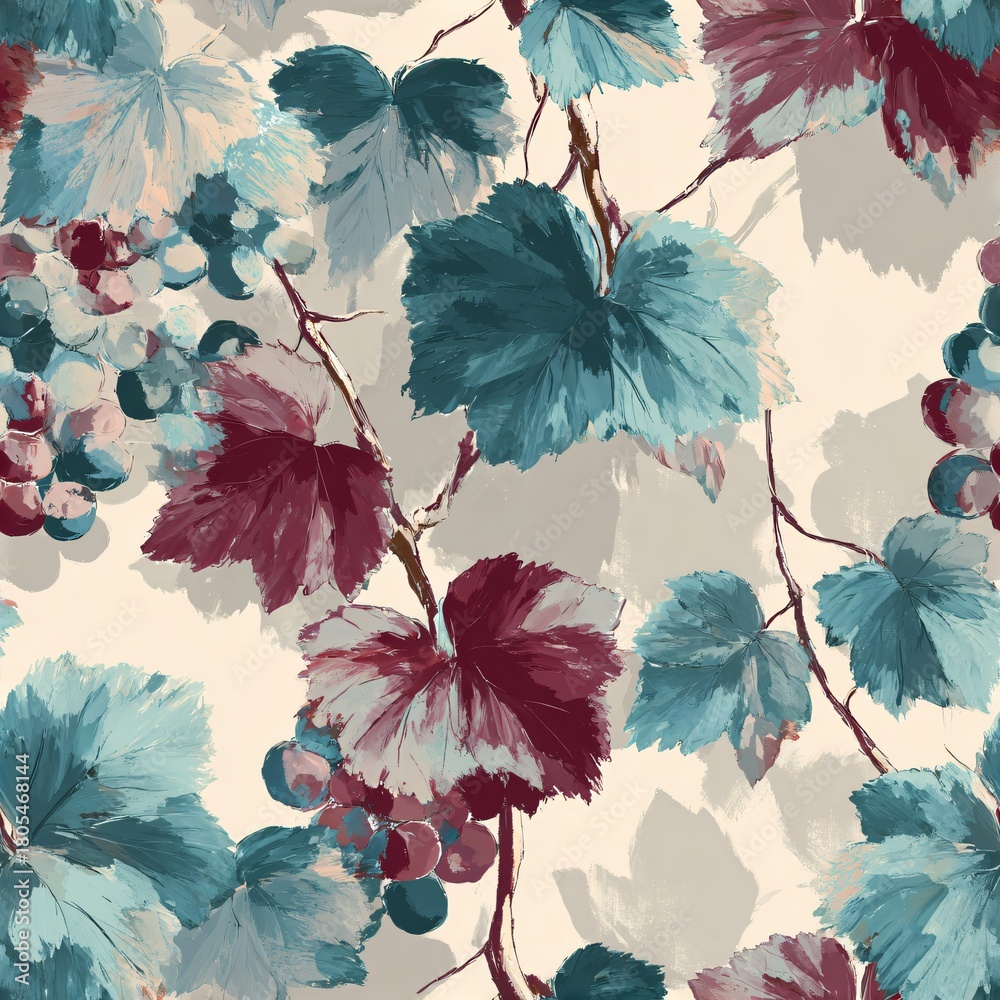 Naklejka premium Illustrated grape vine seamless pattern with blue and burgundy leaves and grapes. Modern botanical art for fabric print design.