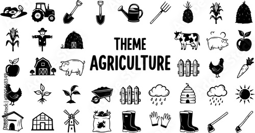 Agriculture and Farming Doodle Icons Set - Hand Drawn Black and White Farm Symbols Collection with Tools, Animals, and Crops
