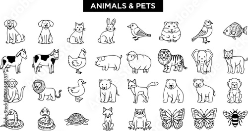 Detailed black and white outline cartoon illustrations of various animals and pets: dogs, cats, rabbits, horses, cows, chickens, pigs, sheep, monkeys, lions, tigers, elephants, bears, foxes