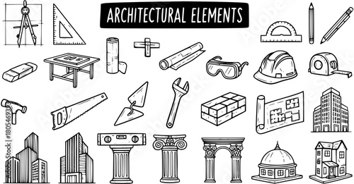 Architectural Elements and Tools: Design, Construction, Blueprint, and Building Icons