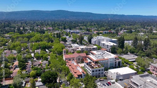 Mountain View historic city center aerial view on Mercy Street including City Hall and Center for the Performing Arts, Mountain View, California CA, USA. 