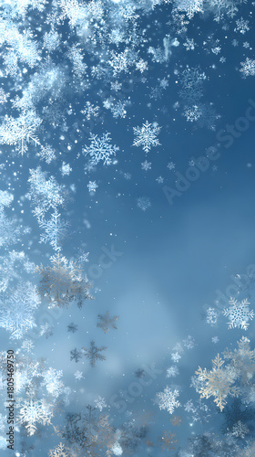 Snowflake pattern gently falling across a soft blue winter sky background