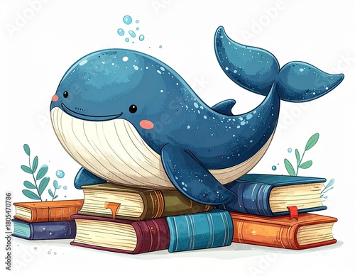 Whimsical Whale on Books - A Charming Educational Illustration.